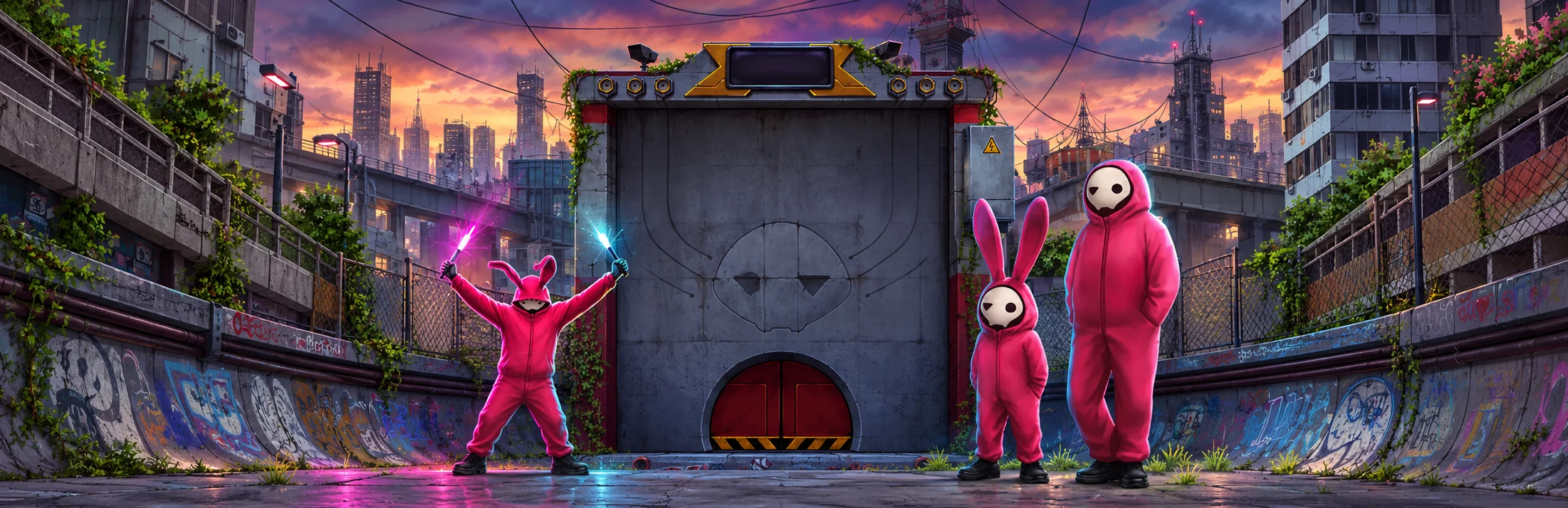 Ilustração de slot com personagem de coelho rosa em frente a túnel subterrâneo de cidade