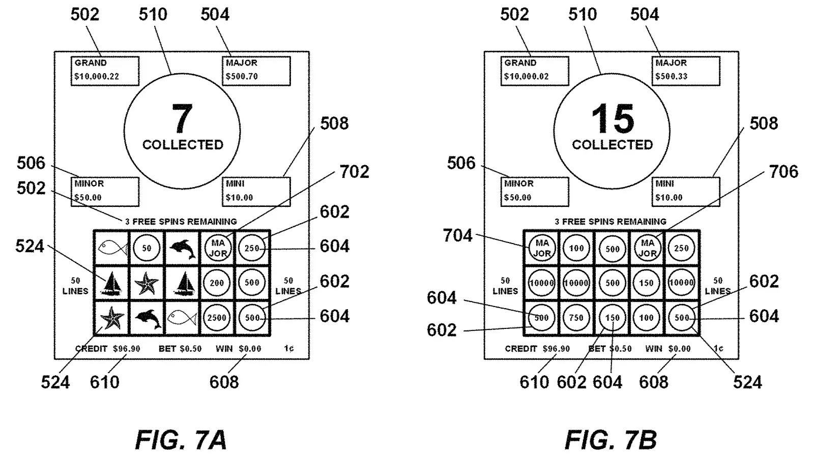 Aristocrat US patent drawings - Hold & Spin screen with 7 collected and screen with all 15 collected