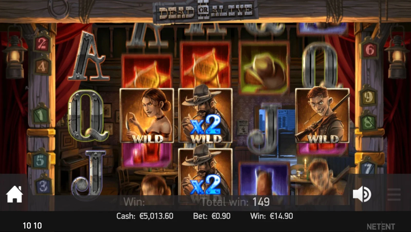 Dead or Alive 2 High Noon Saloon free spins screen, with an x2 multiplier wild attached