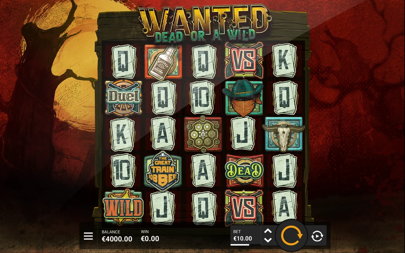 Wanted Dead Or a Wild game screen, with the VS symbol and wild symbol