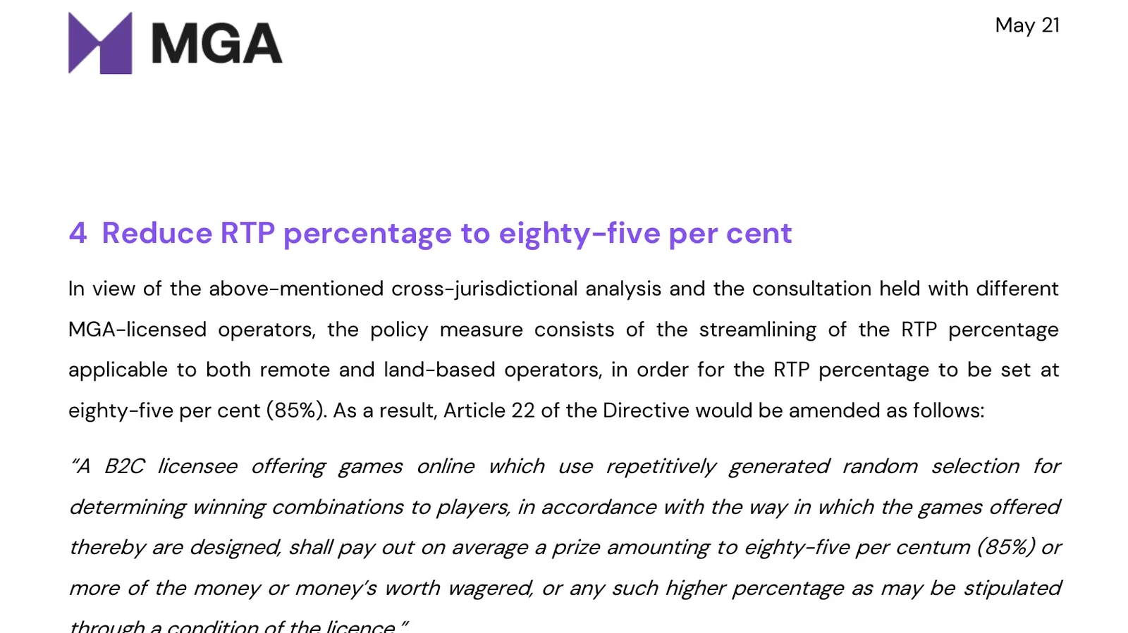 몰타 게이밍청 2021년 5월 RTP 최소 비율 개정 정책 문서의 85% 개정 조항