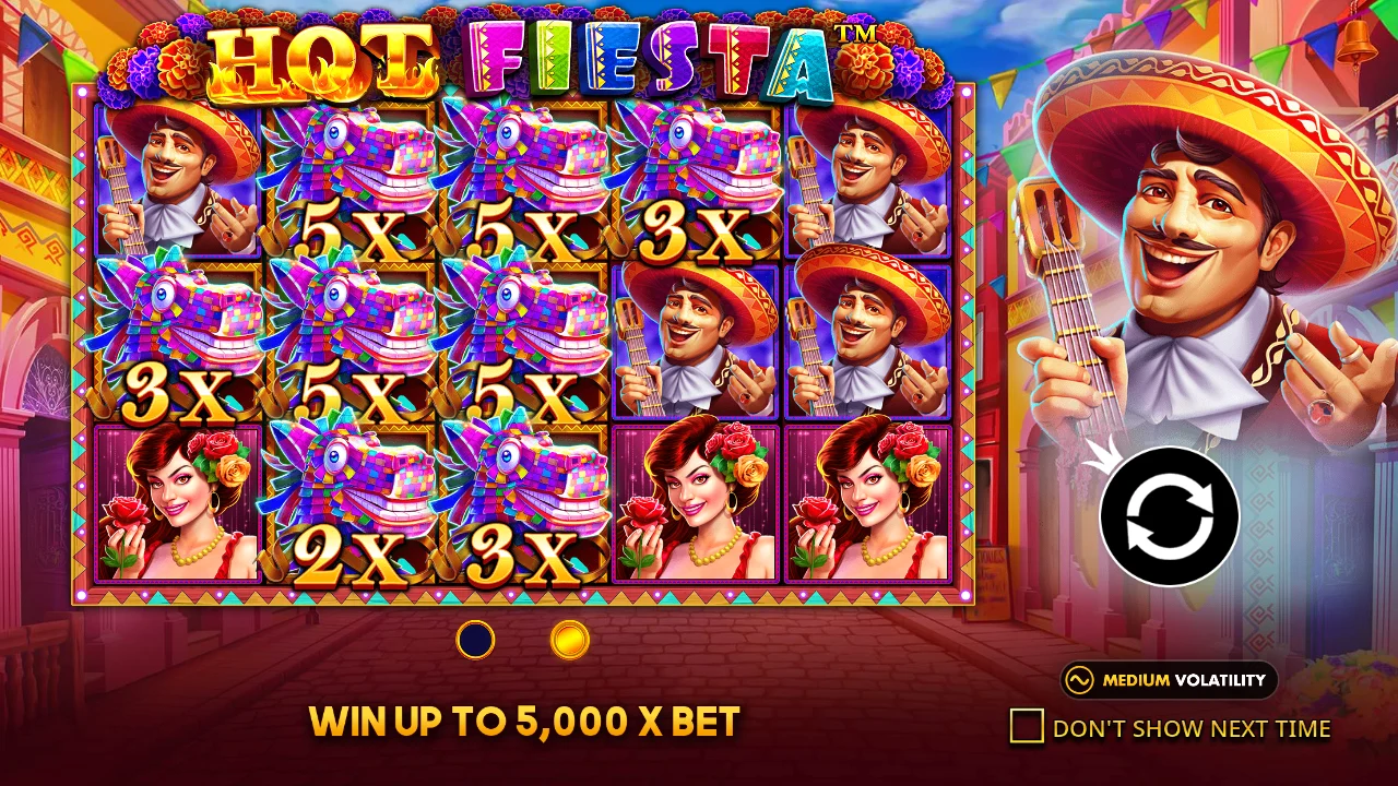 Pragmatic Play's Hot Fiesta start screen, with piñata wilds carrying 2x, 3x and 5x multipliers