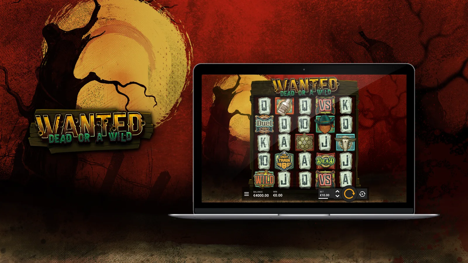 Hacksaw Gaming's Wanted Dead Or a Wild game screen and logo