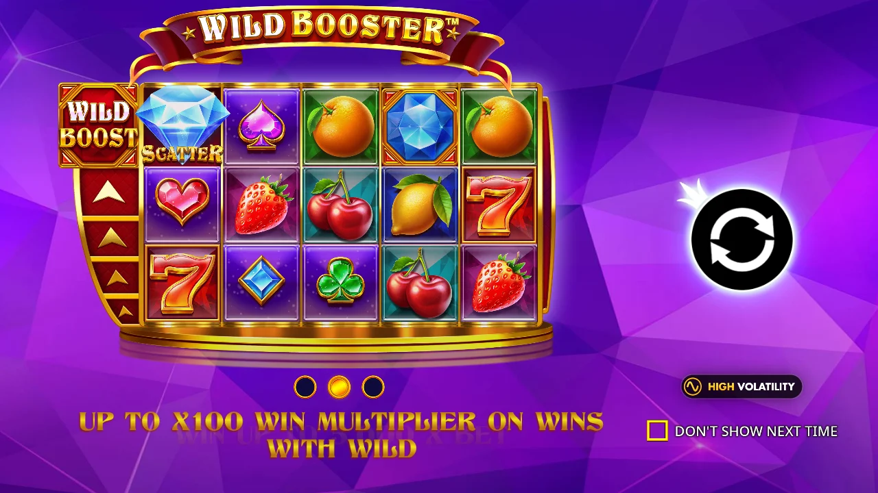 Pragmatic Play's Wild Booster start screen, with a multiplier of up to 100x on wins that include a wild
