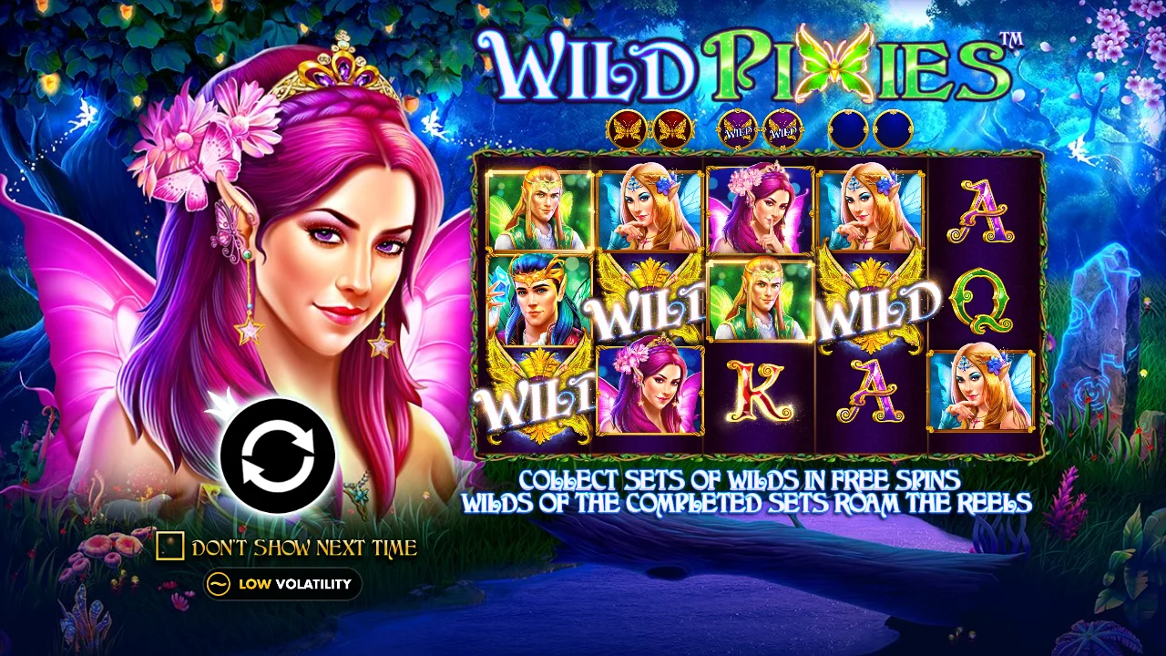 Pragmatic Play's Wild Pixies start screen, with a note that collecting a wild set in free spins makes the wild roam the reels