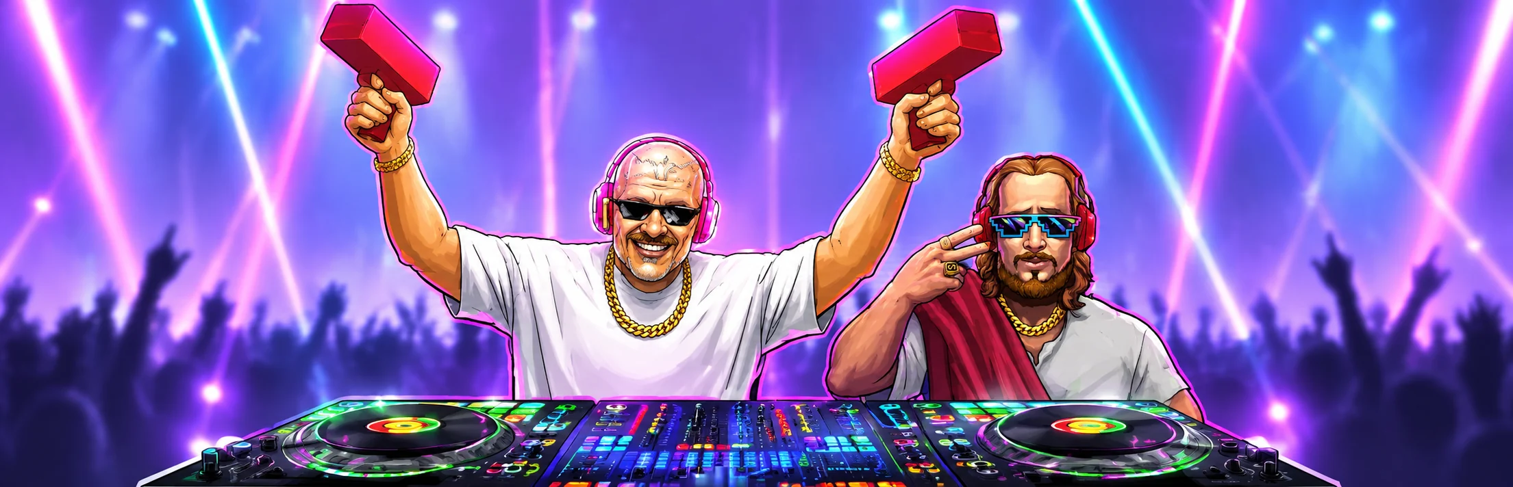 Ilustração representativa da revista AI Slot, com dois personagens se apresentando em uma cabine de DJ