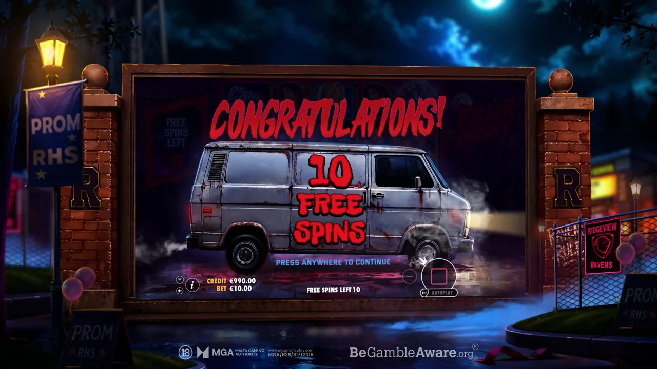 Tela de ganho nas 10 rodadas grátis de Killer Night