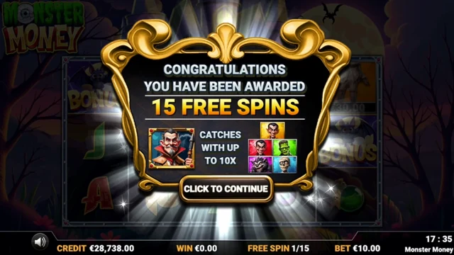 Pantalla de ganancia de 15 giros gratis en Monster Money