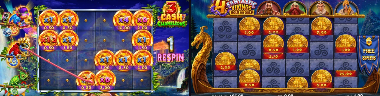 Pantallas del respin de camaleones de 3 Cash Chameleons y del Cash Respinner de 4 Fantastic Vikings Hold the Gold