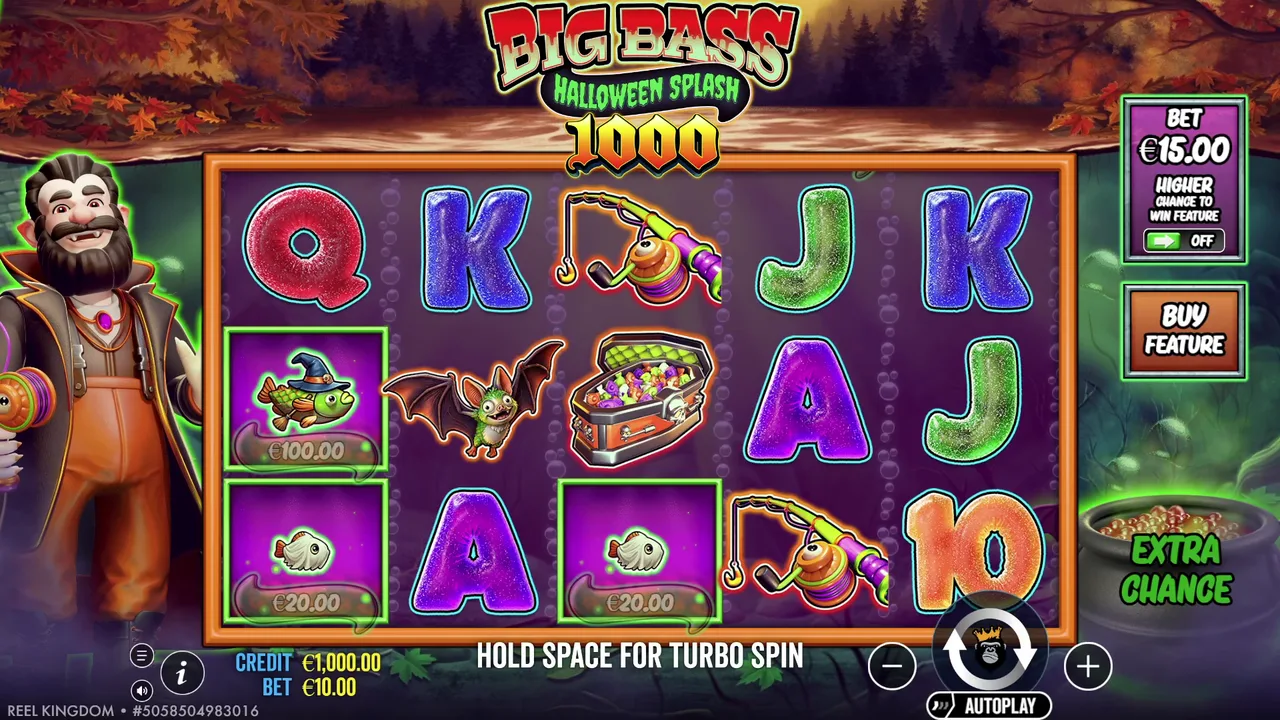 The base game screen. A bonus buy and extra chance button sit on the right of the 5-reel, 3-row grid