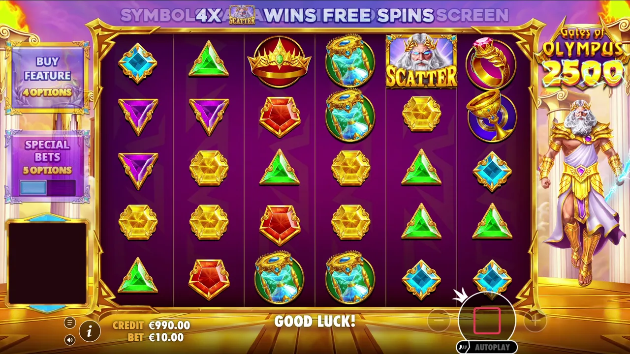 Base game screen. A 6×5 pay anywhere grid, with Zeus guarding the right side