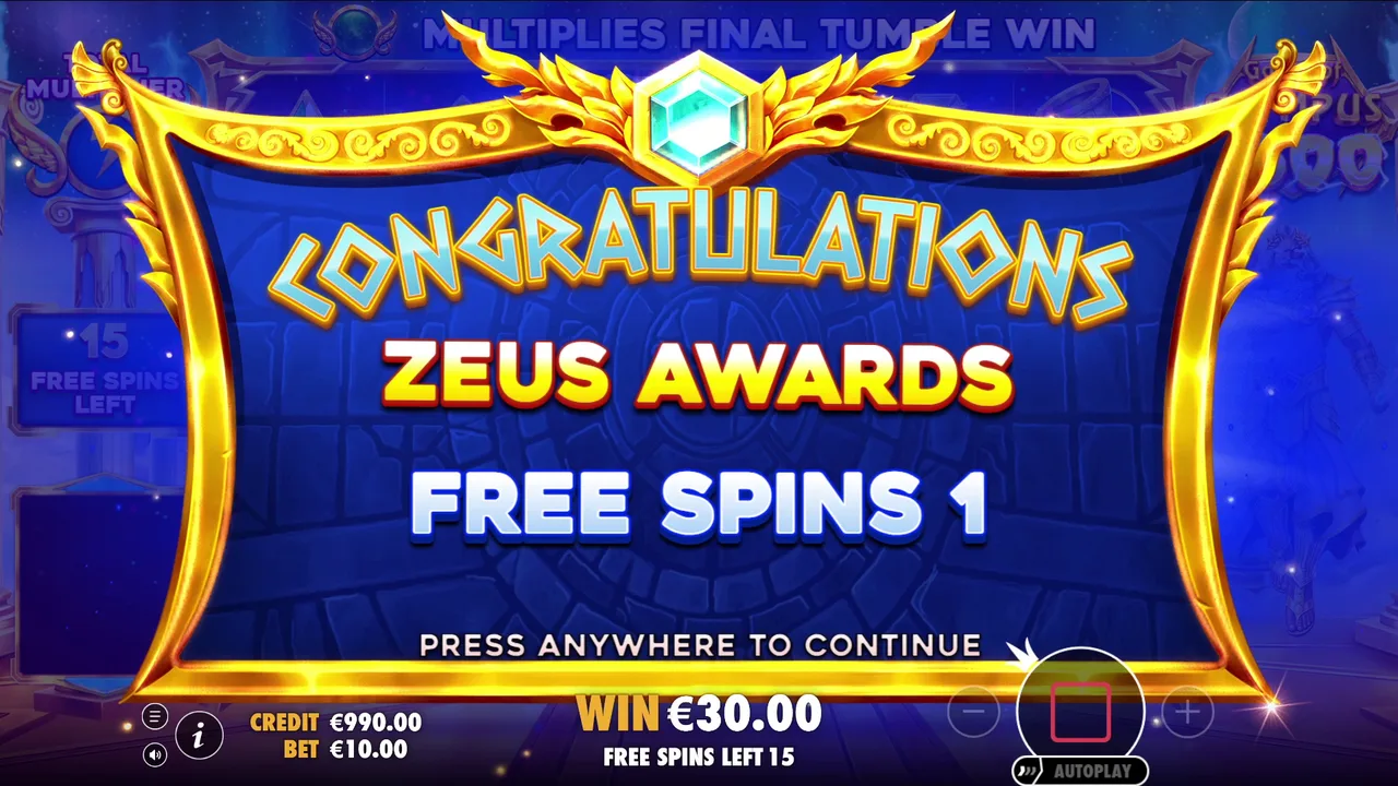 Screen after the wheel lands on Free Spins 1