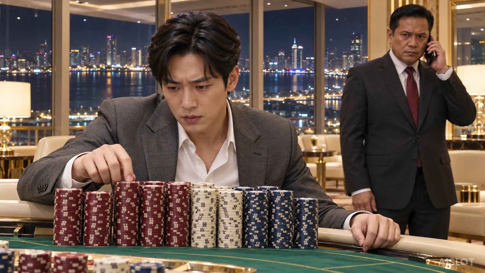 칩 기둥을 세는 창수와 굳은 얼굴로 통화하는 핏보스