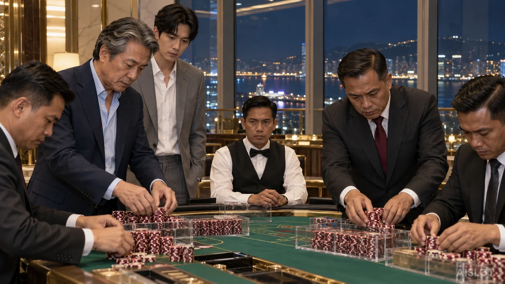 몰려든 핏보스와 캐셔들이 칩을 세는 장면