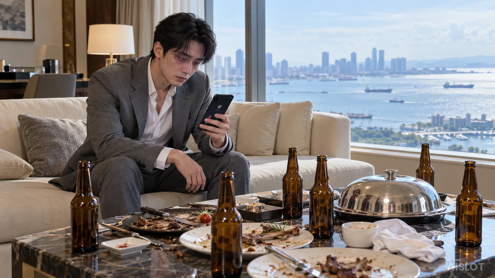 빈 맥주병이 남은 스위트룸에서 휴대폰을 보는 창수