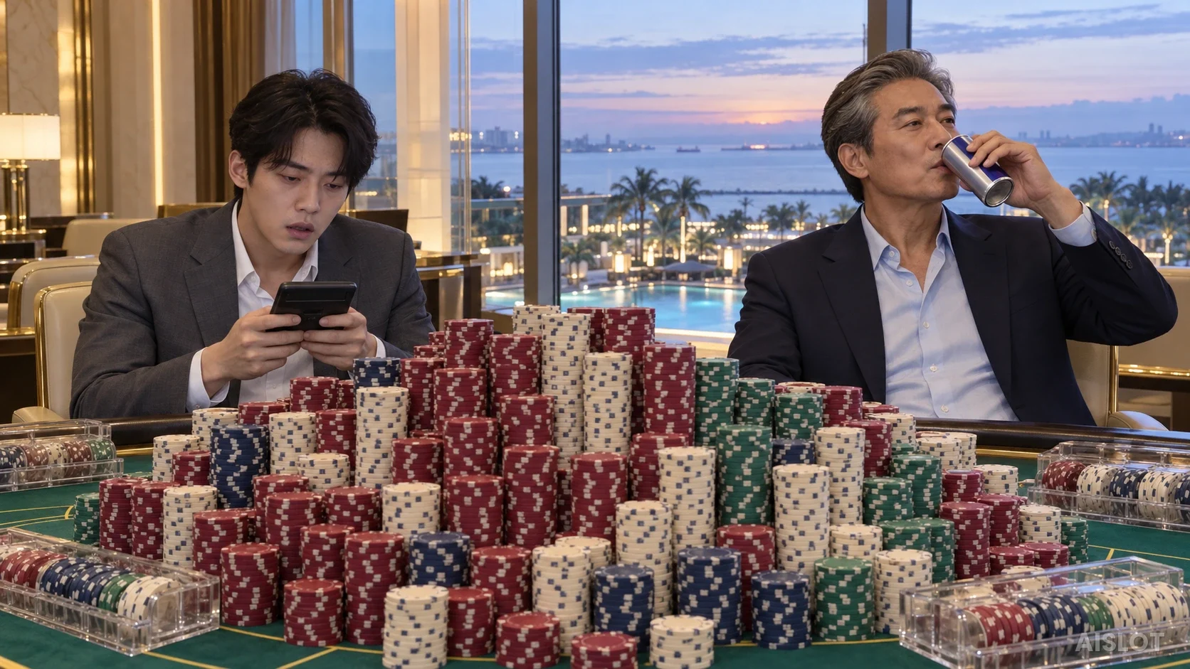 새벽, 칩 더미 앞에서 계산기를 든 창수