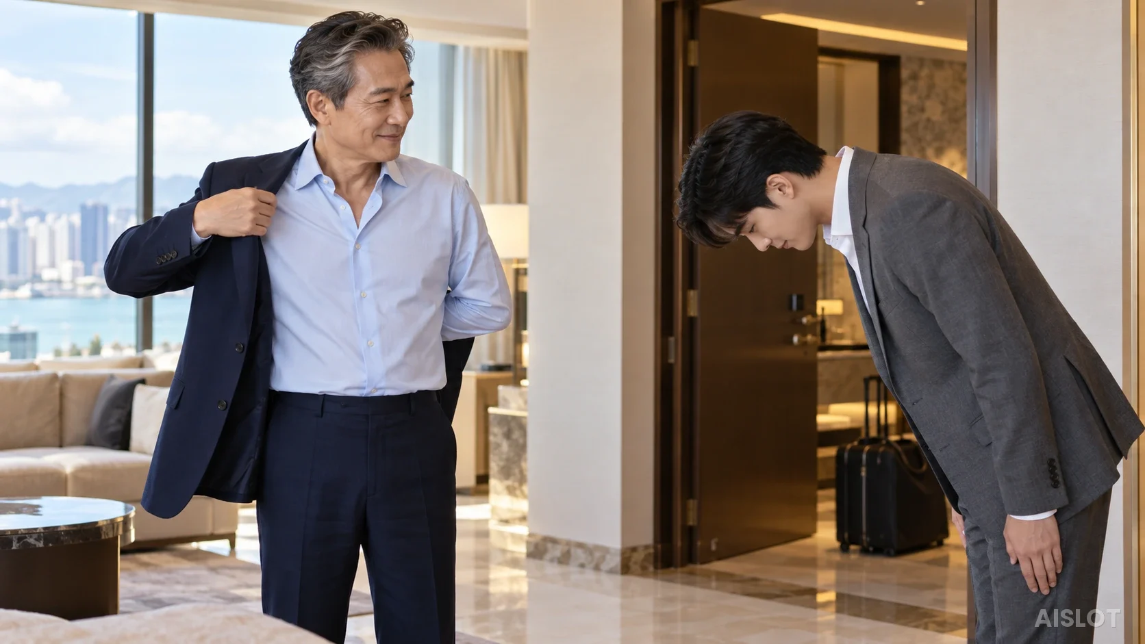 재킷을 입는 회장님에게 고개 숙인 창수