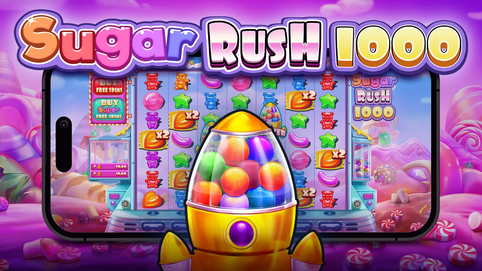 Sugar Rush 1000 game screen, with an x2 multiplier shown on a grid cell
